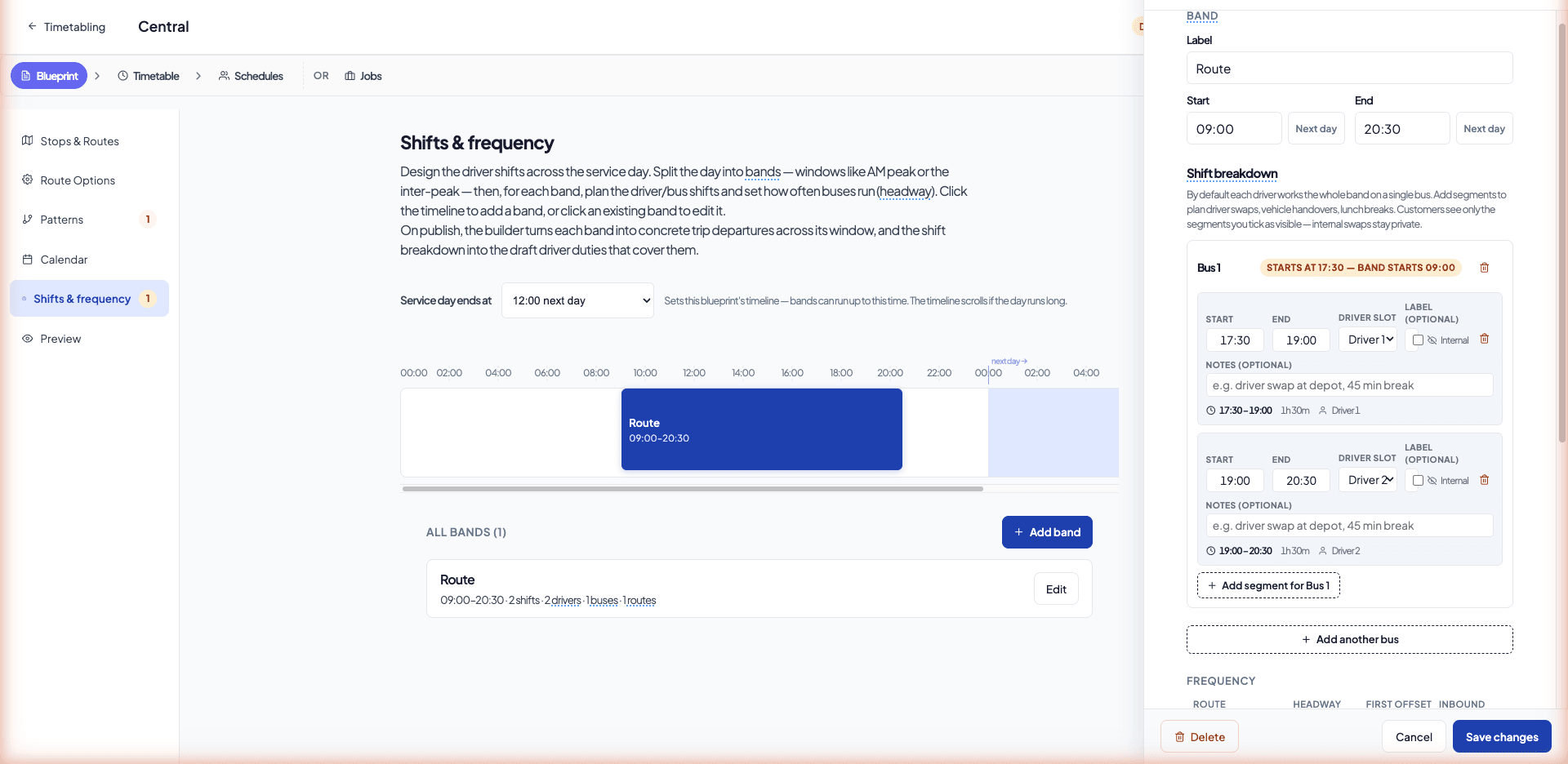 Blueprints Shifts & frequency - designing driver shifts across a service band