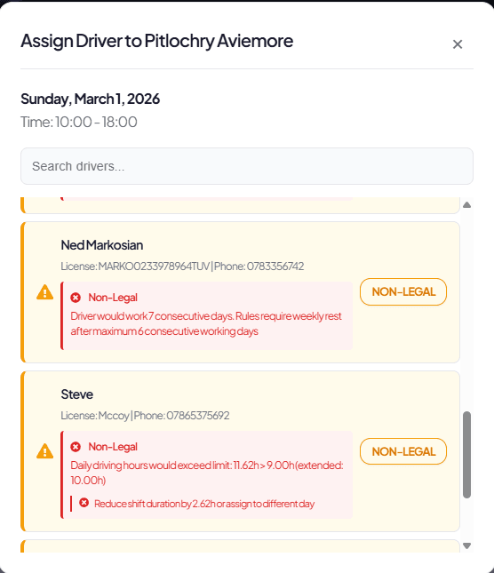 Driver-hours validator - flagged in red before publish