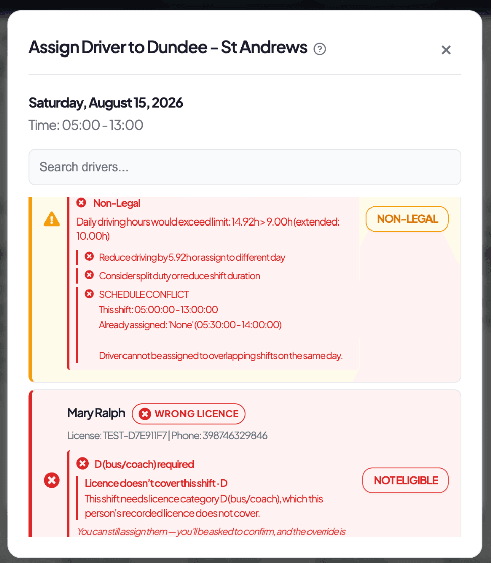 RouteStra schedule showing real-time compliance conflict detection