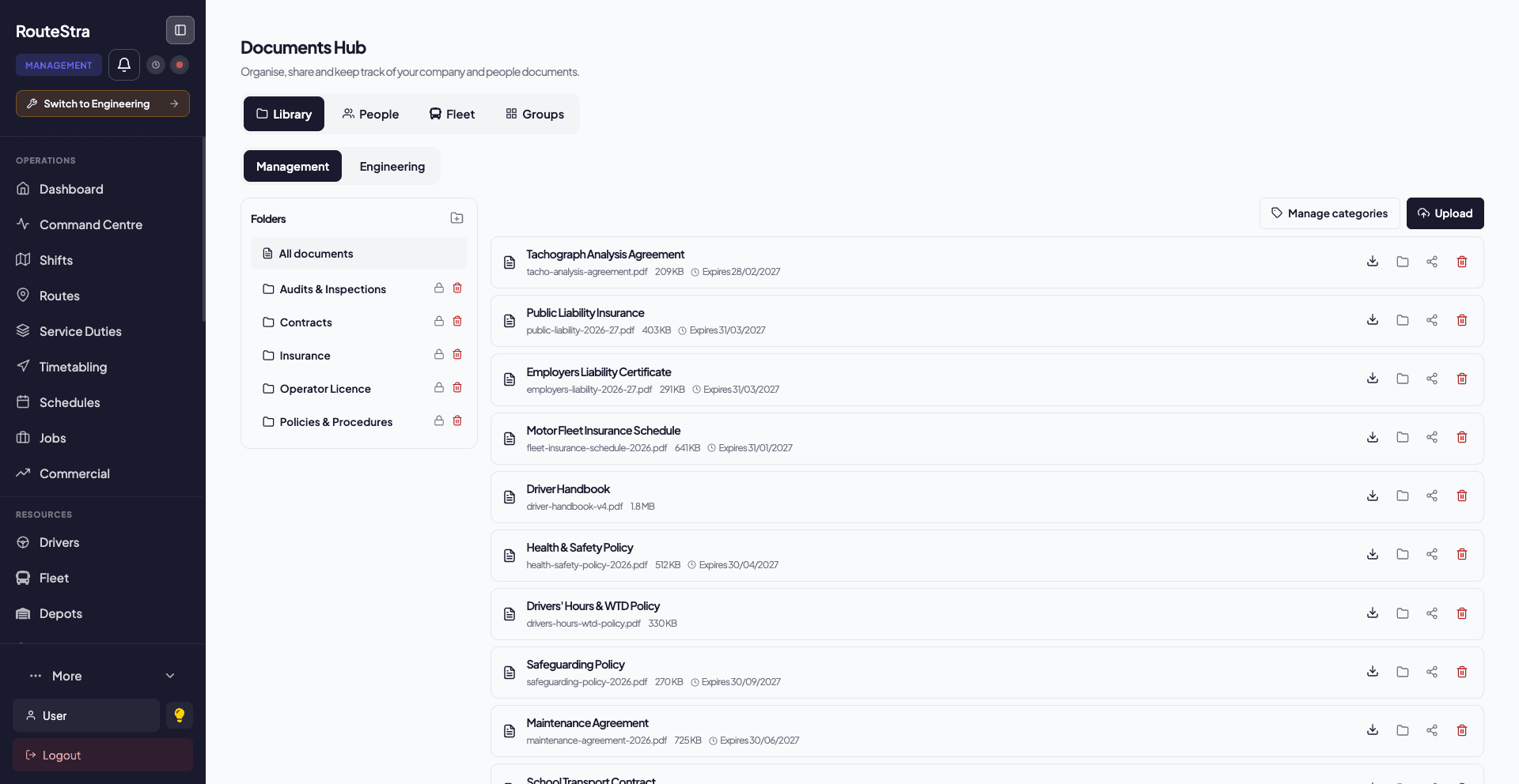 RouteStra Document Hub - folders, expiry dates and per-folder permissions