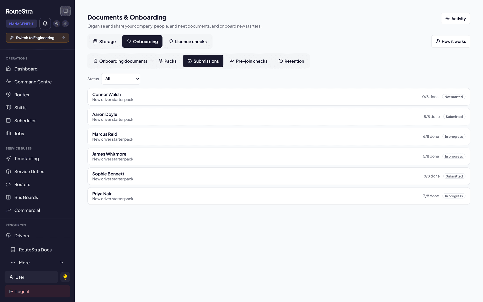 The Onboarding Hub submissions inbox, showing new starters working through the new driver starter pack with each one's progress and status.