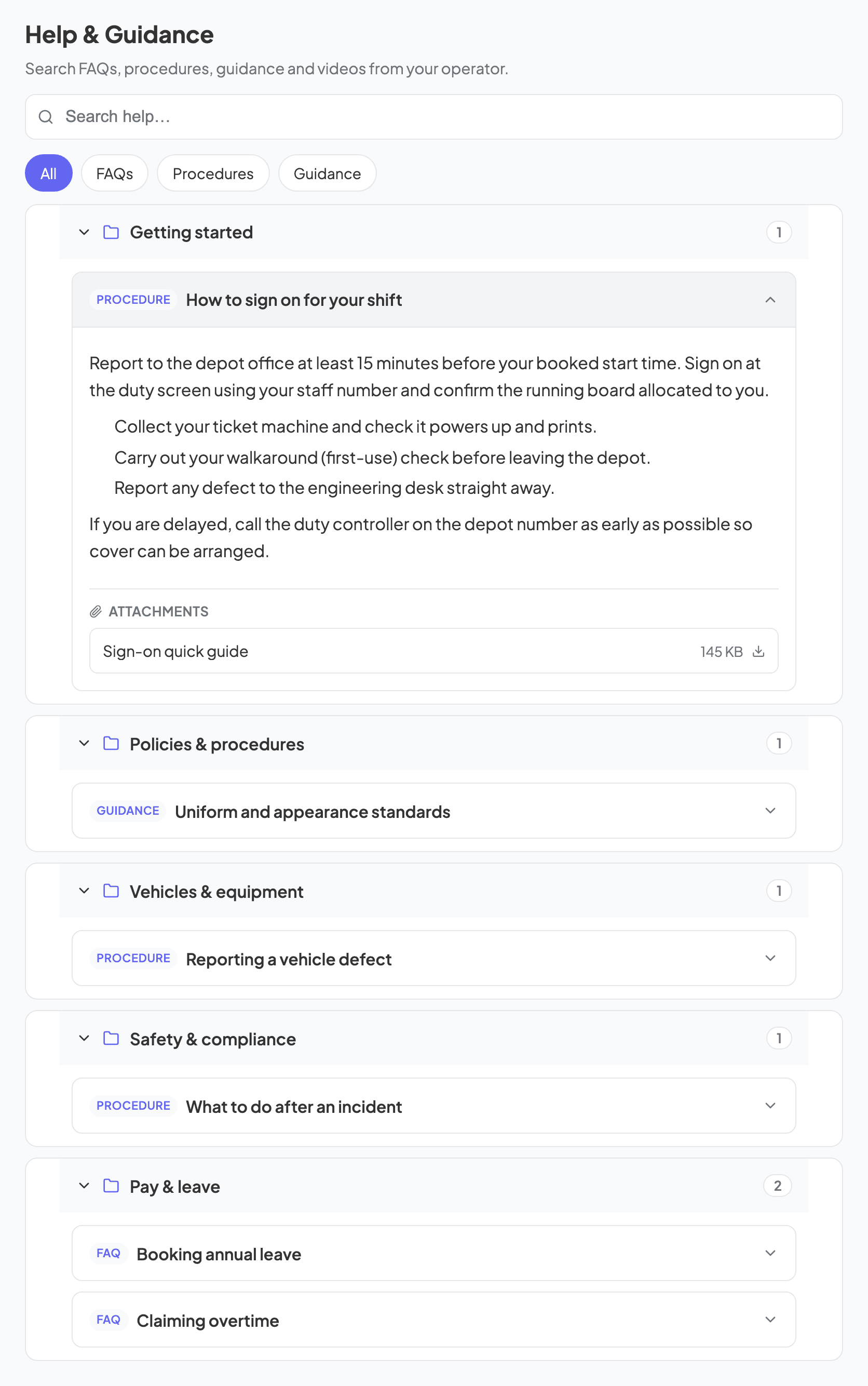 Driver portal Help & Guidance: a searchable knowledge base of the operator's FAQs, procedures and guidance grouped into categories, with the sign-on procedure opened to its answer