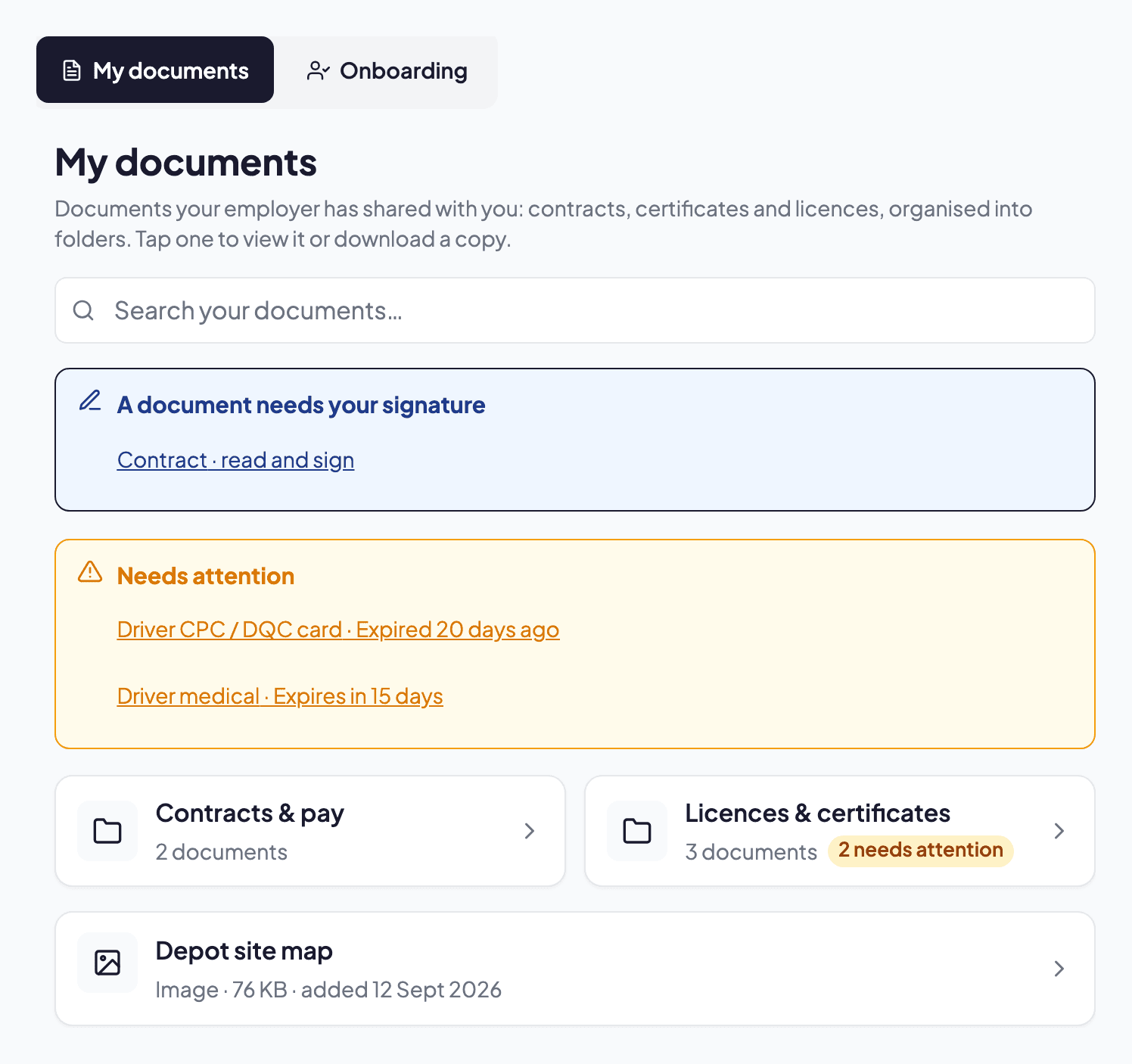 My Documents: folders of contracts and licences with expiry warnings and a document awaiting signature
