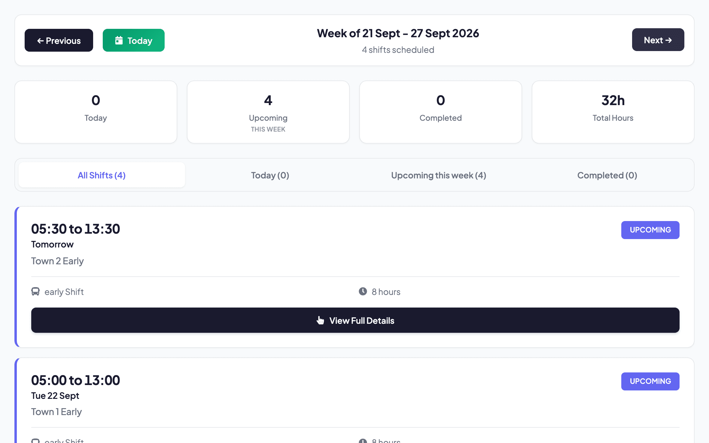 Driver portal: a driver's upcoming shifts, hours and sign-on. Click to expand