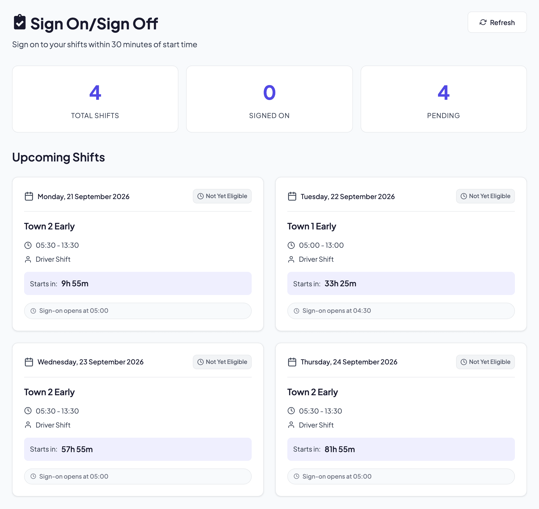 Driver portal Sign On / Sign Off: upcoming duties with the sign-on window for each shift