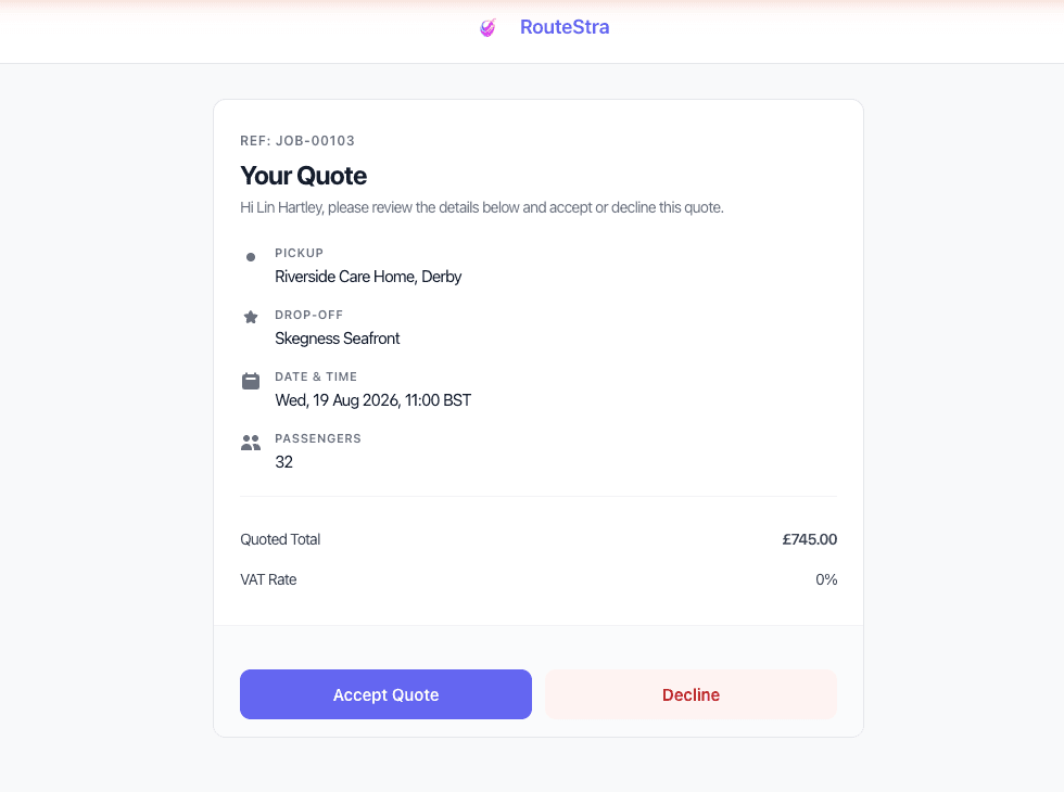 Customer quote page - route, date, passengers and total, with accept or decline