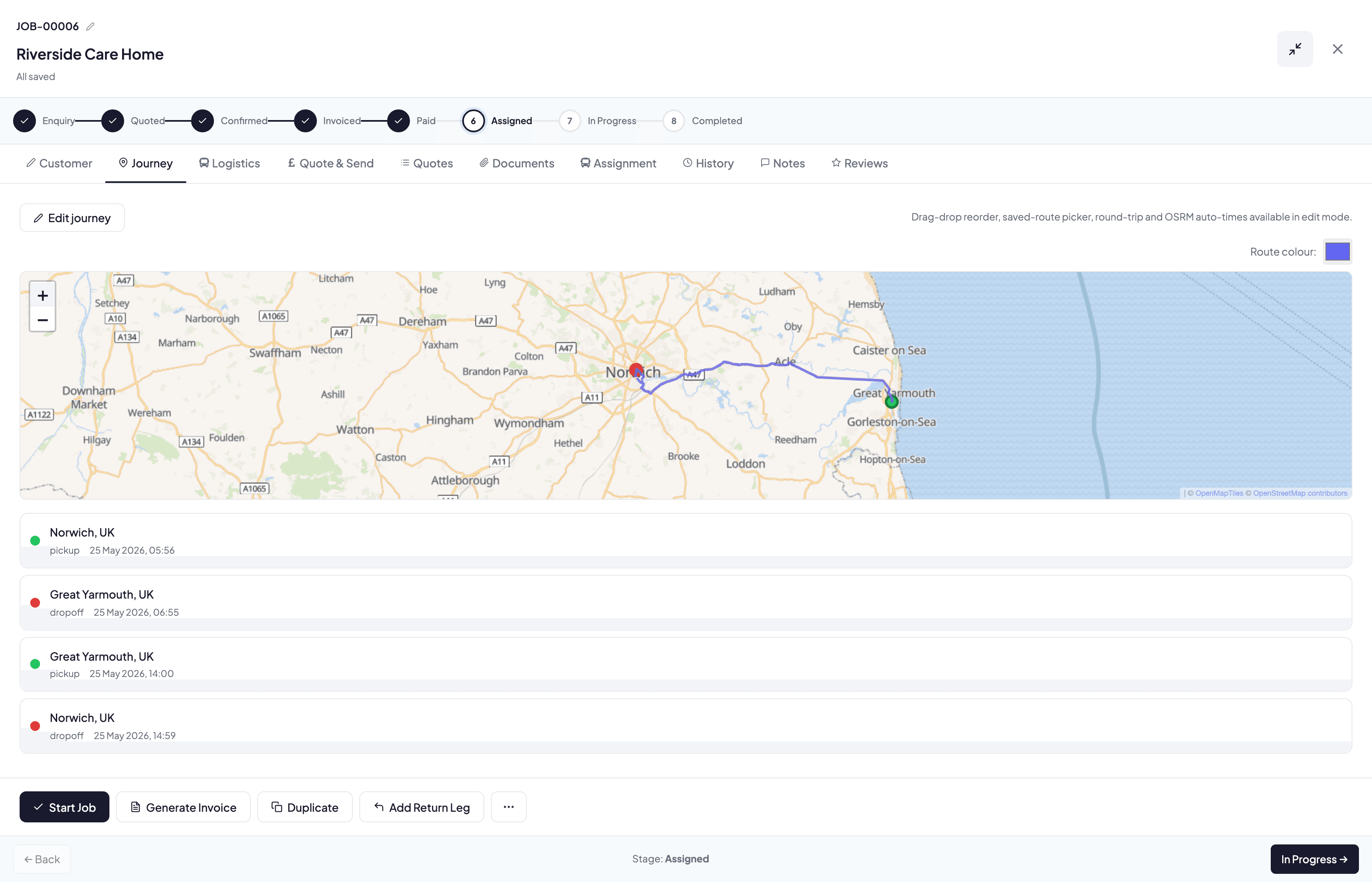 Job journey on the map: pickup, drop-offs and the road-following route, with the ordered stop list and scheduled times