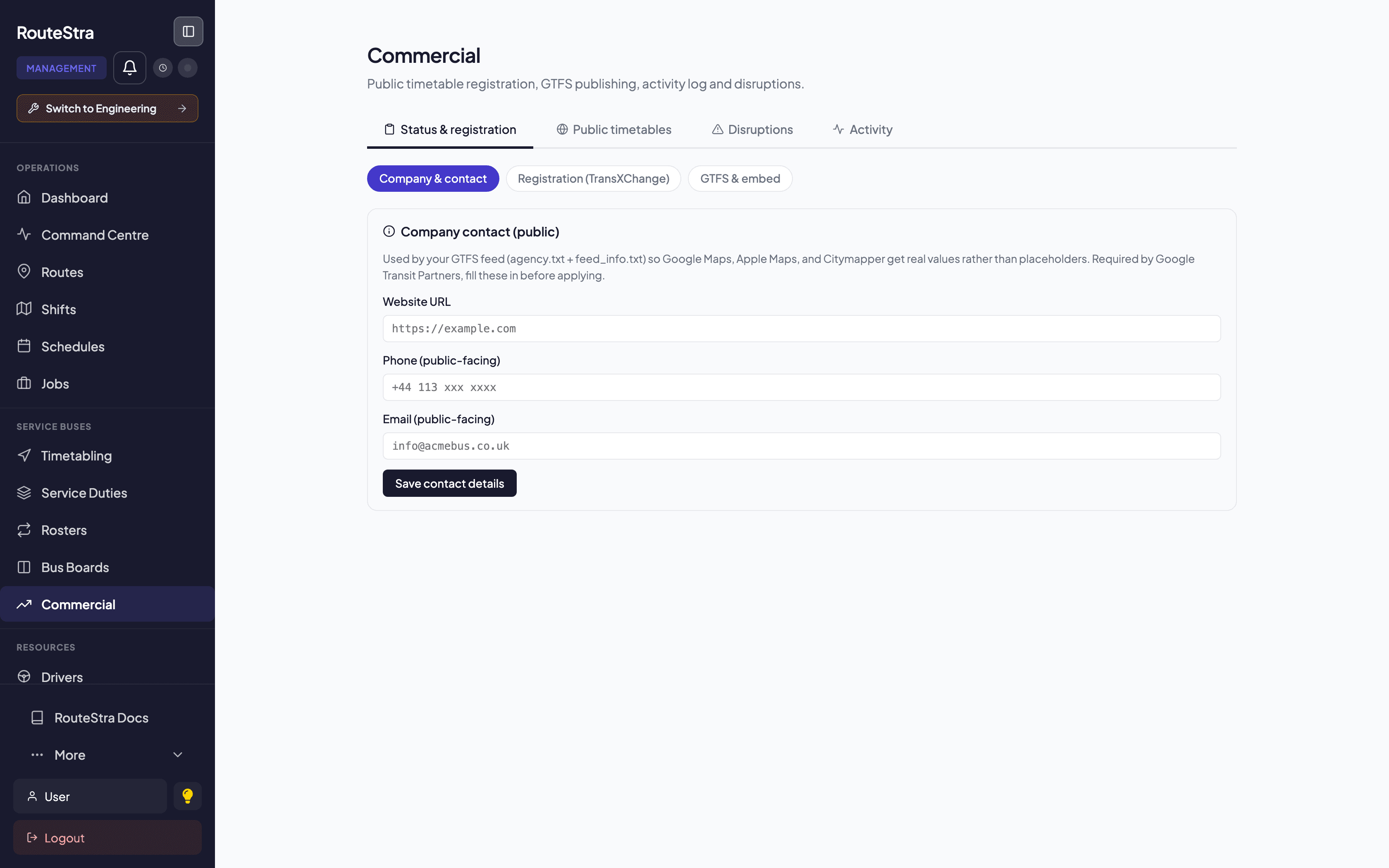 RouteStra Commercial: Registration, public timetables and disruptions