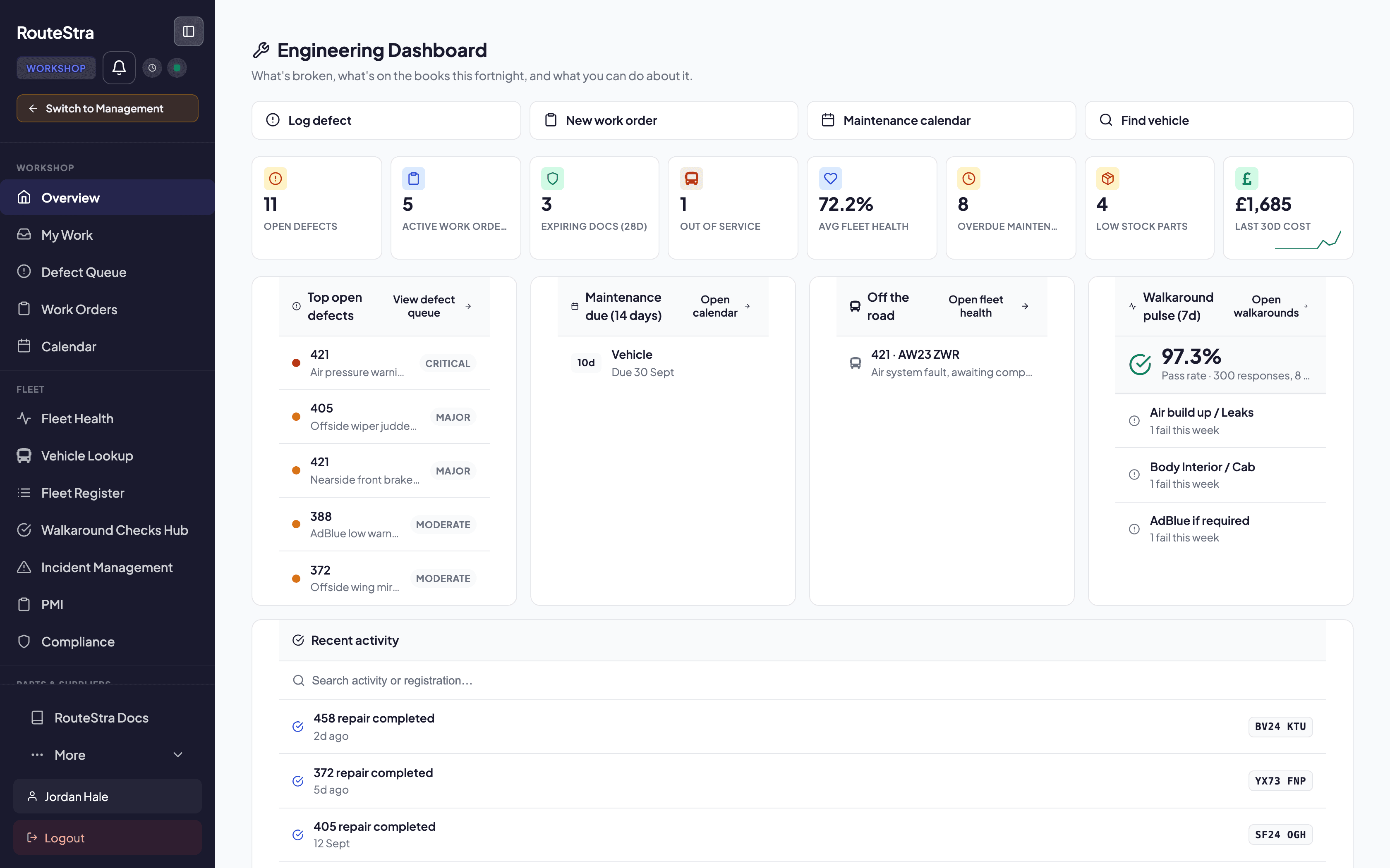 RouteStra Engineering portal showing the defect queue, fleet health and work orders