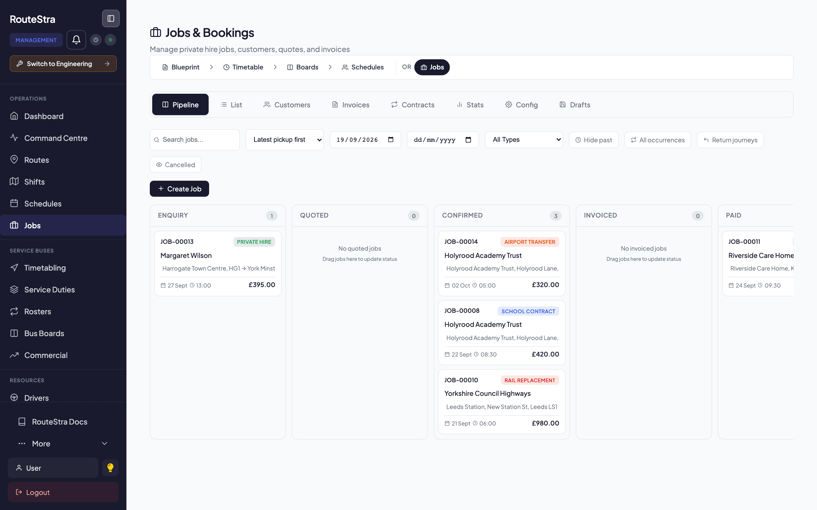 RouteStra Jobs & private hire: Enquiry to invoice on one record