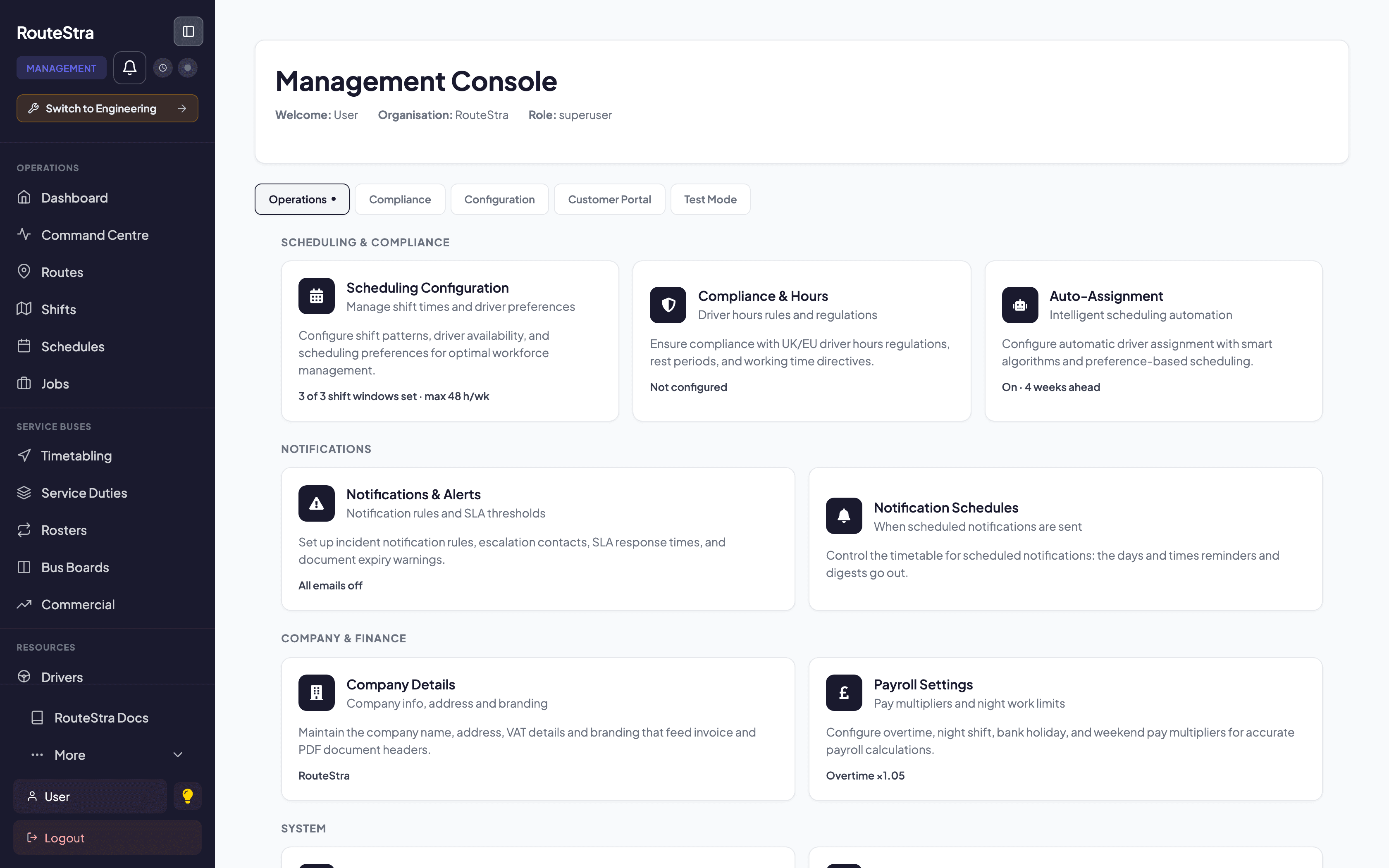RouteStra Management: How your operation behaves, configured