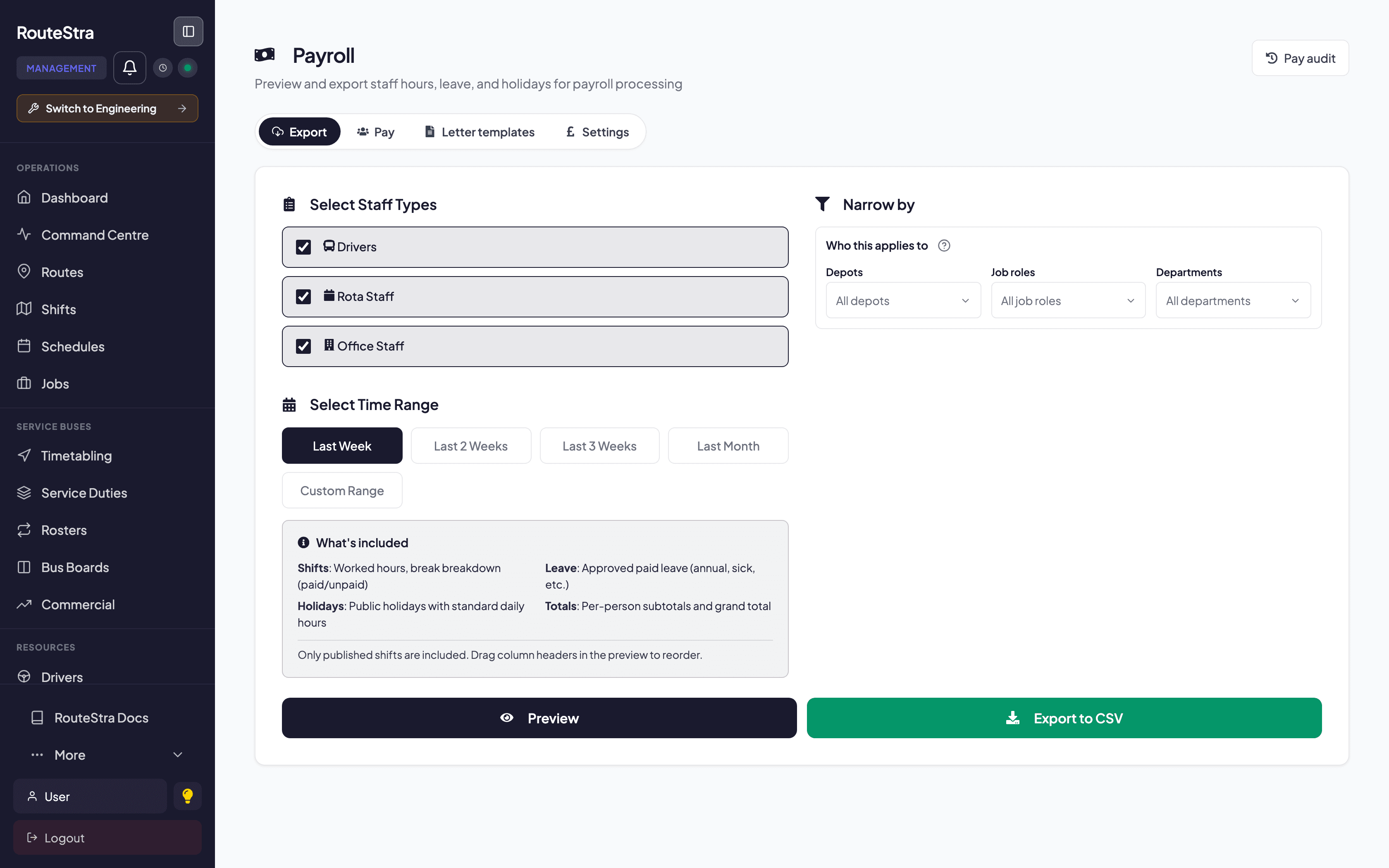 RouteStra Payroll: Rostered hours straight to a payroll export