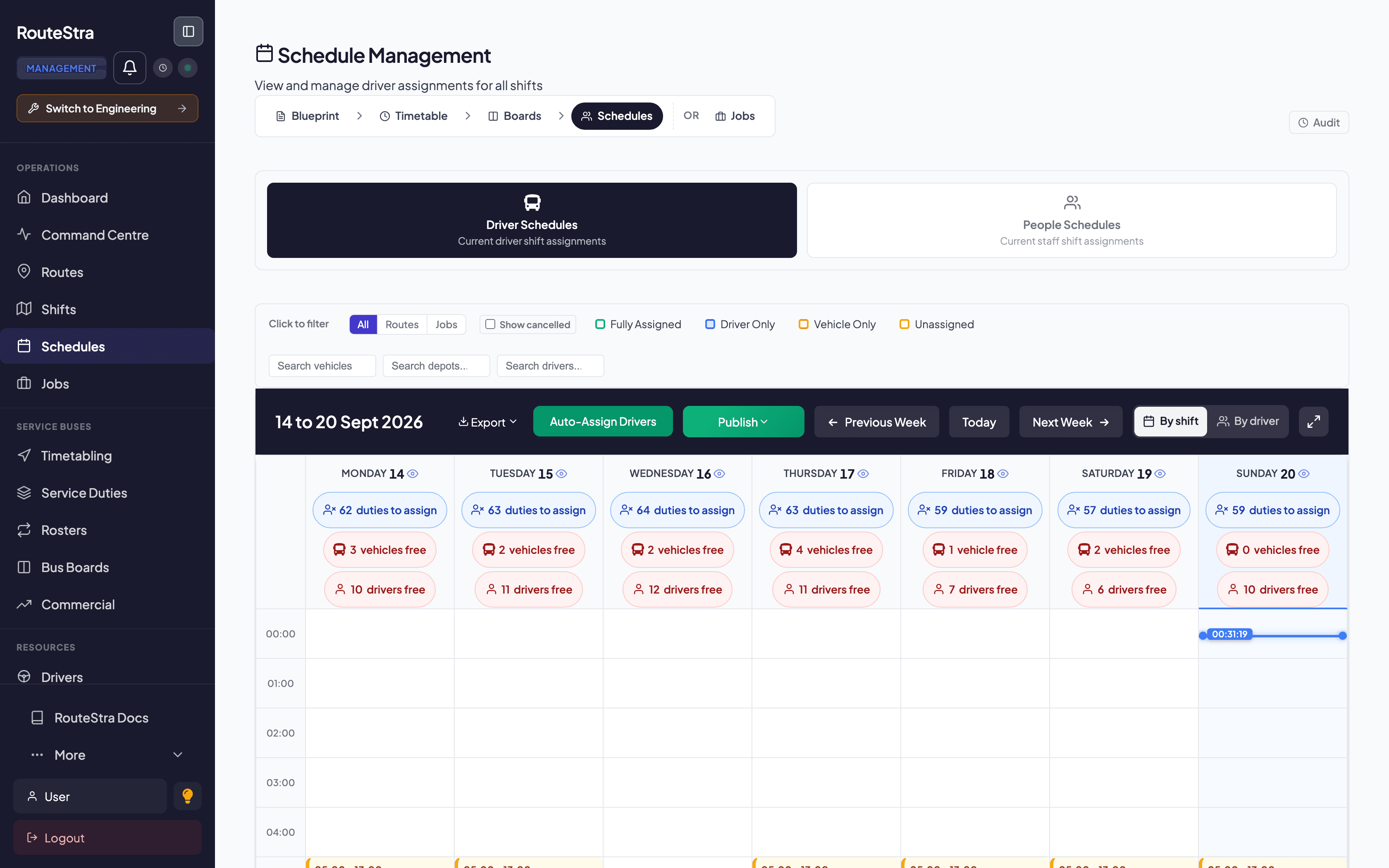 RouteStra Schedules, the weekly drag-and-drop grid assigning drivers and vehicles with live compliance checks
