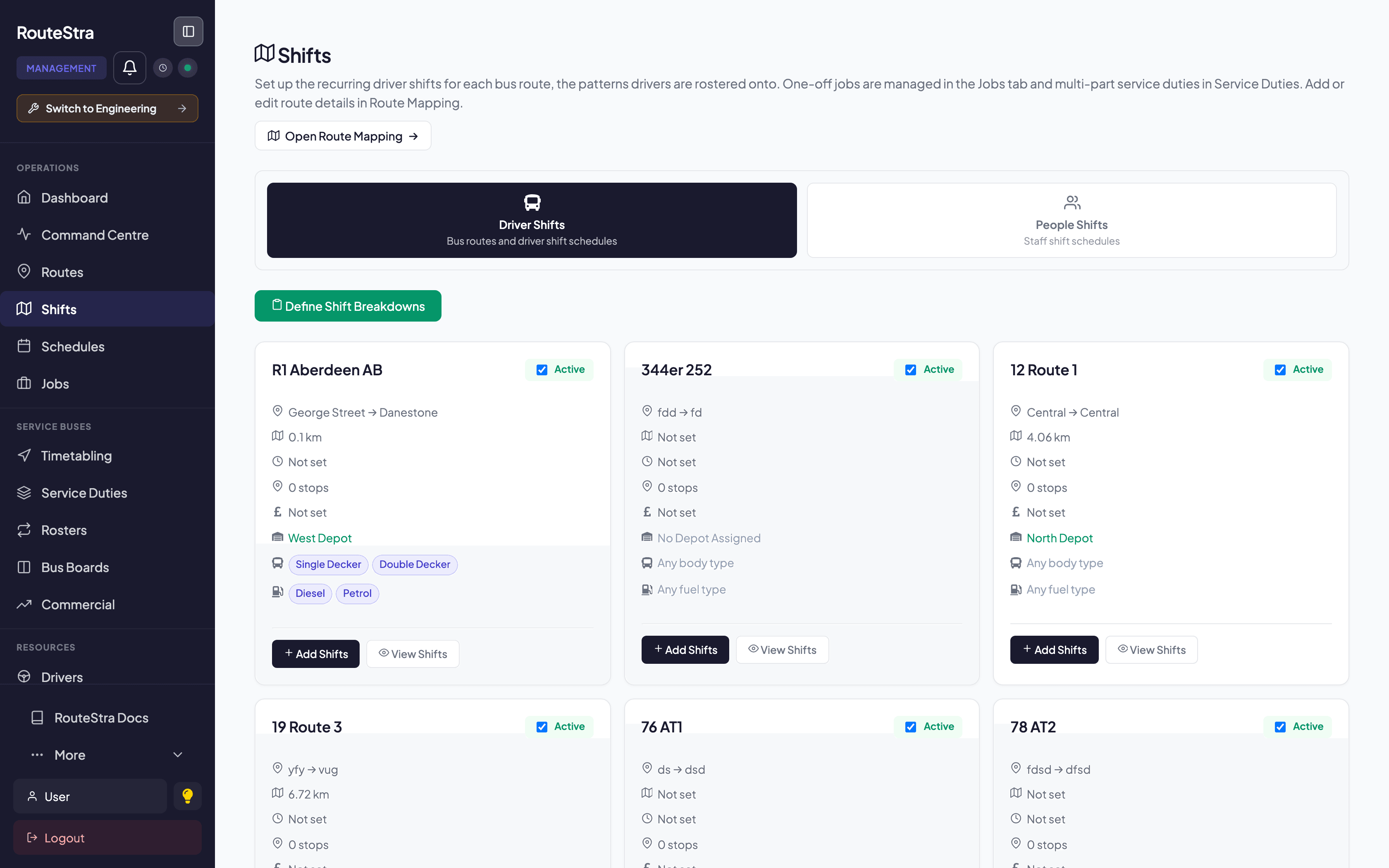 RouteStra Shifts: Who is working what, at a glance
