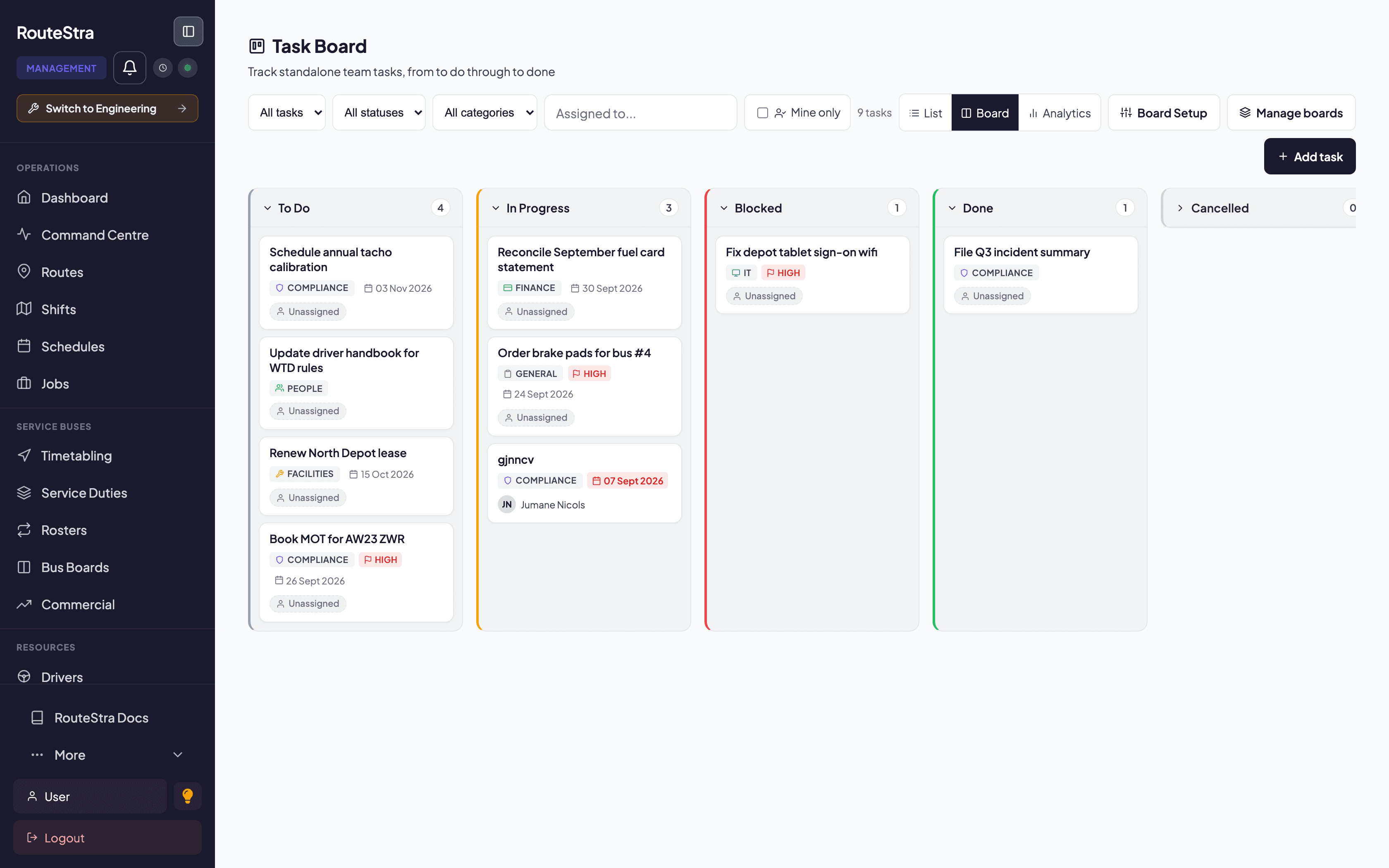 RouteStra Task Board: The ad-hoc work the rota does not cover