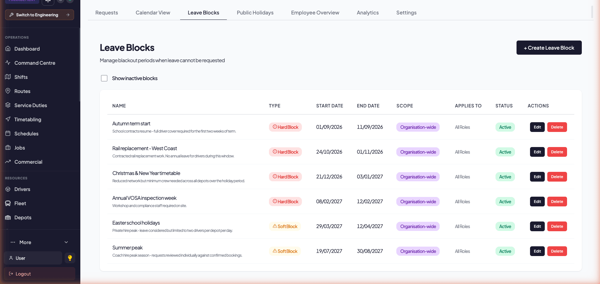 Leave blocks - hard and soft blackout periods with date ranges and scope