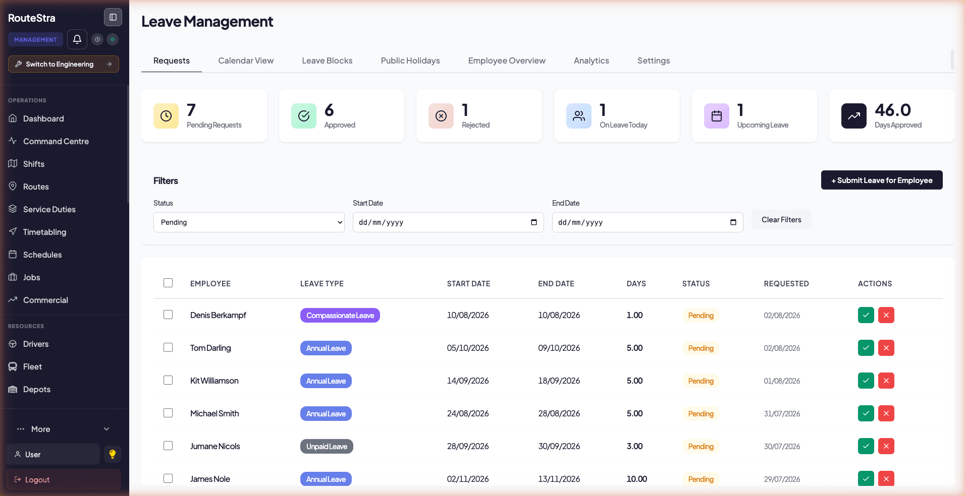 RouteStra Leave Management - pending requests with approve and reject actions