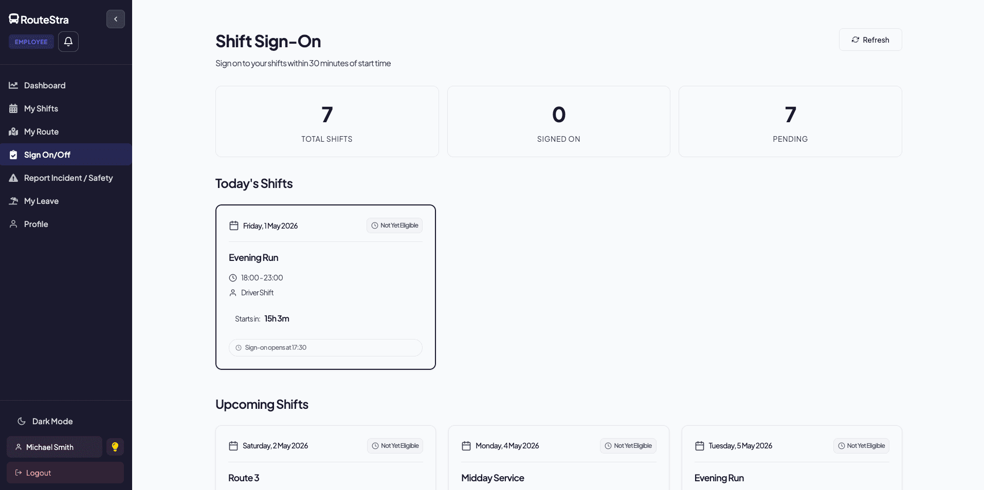 Sign-on screen - drivers tap to start their shift