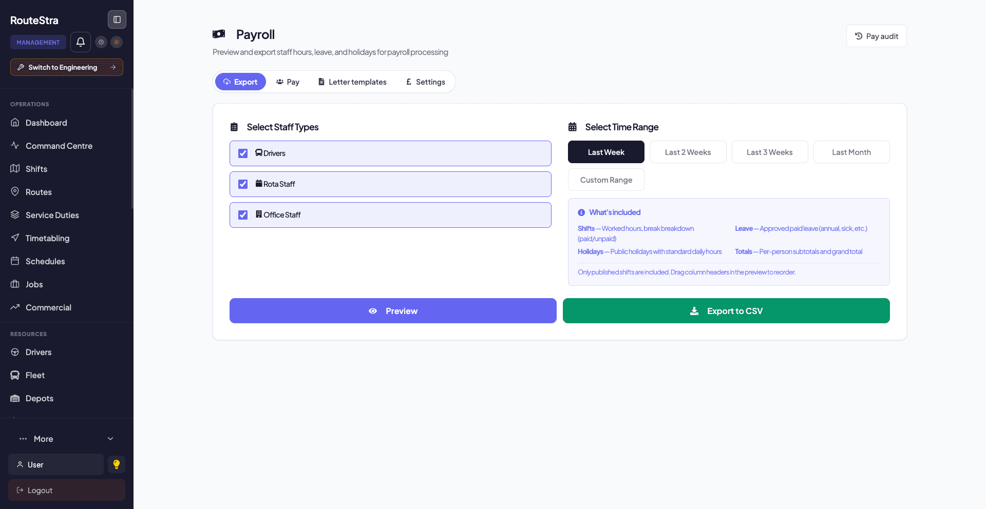 RouteStra Payroll - staff types, pay period and export