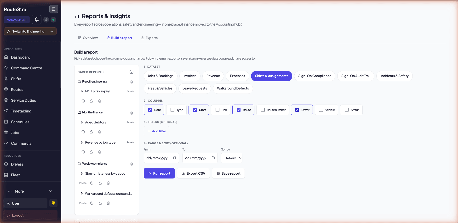 Report builder - dataset, column picker, filters and saved reports