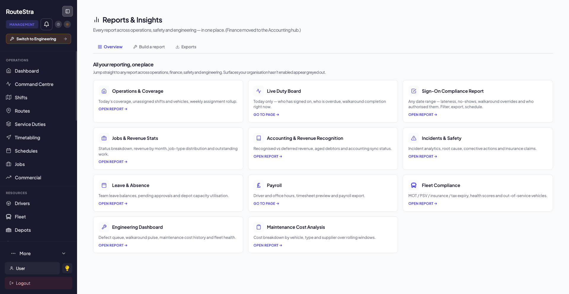 RouteStra Reports & Insights - the report catalogue across every module