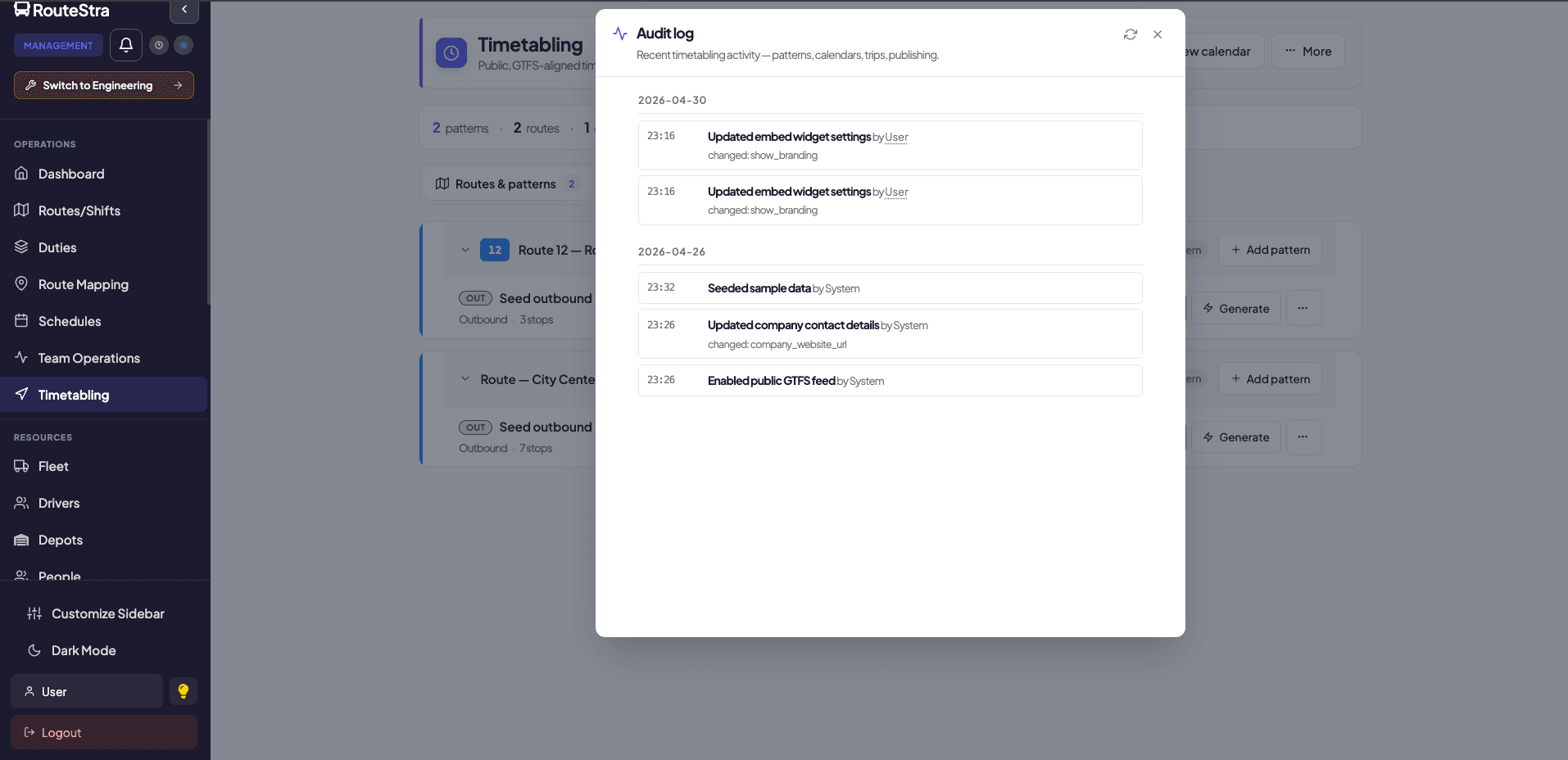Audit log - every timetable change with who, when and the before / after